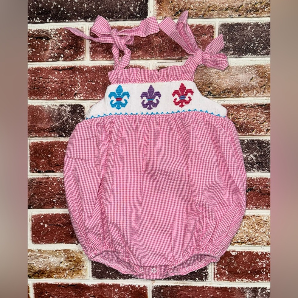 Sweet South smocked Fleur de lis bubble romper 9m boutique baby girls